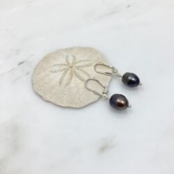 Deep purple oval freshwater pearls on sterling leverback ear wires. They're displayed on a sand dollar shell.