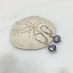 Purple-blue freshwater pearls on sterling leverback ear wires. The earrings are displayed on a sand dollar shell.