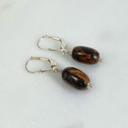 Oval rhyolite (rainforest jasper) earrings on sterling ear wires in shades of deep browns and greens.